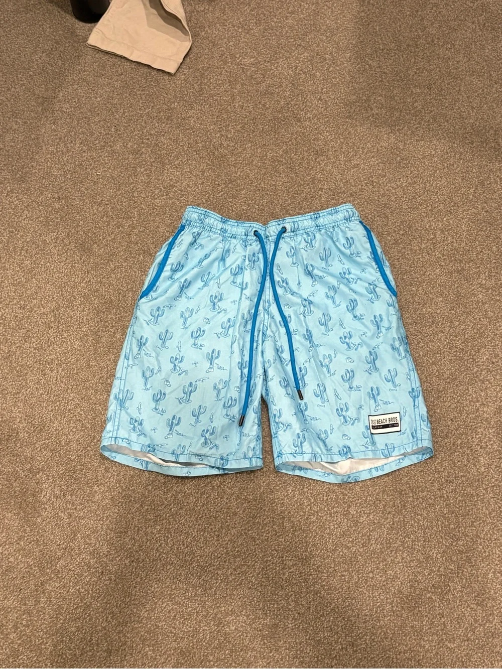 Light Blue Cactus Print Swim Trunks with Blue Trim